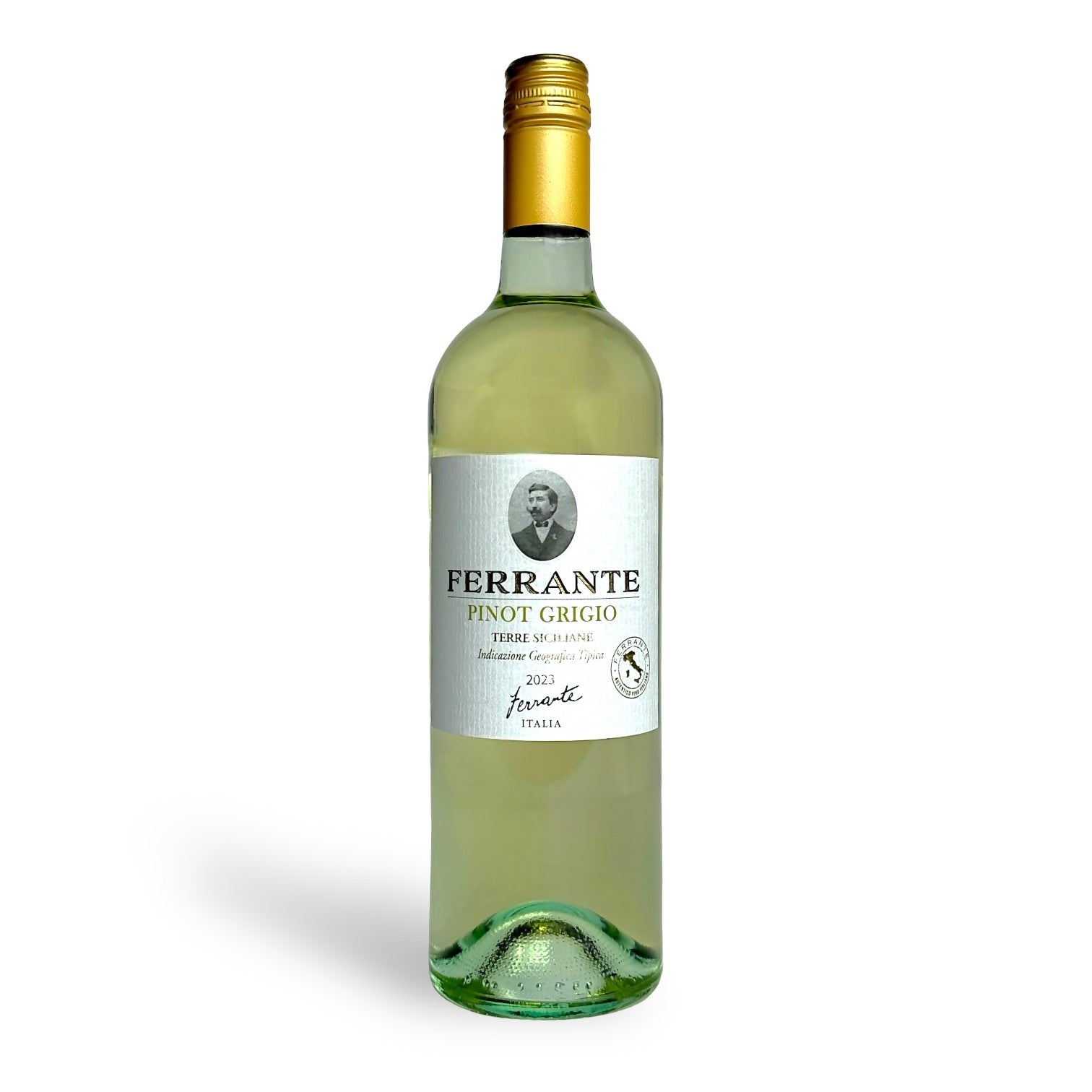 Ferrante Pinot Grigio 2023 white wine bottle — crisp, unoaked wine with tropical fruit aromas and citrus notes; perfect with prosciutto, mortadella, light salami, and soft cheeses like burrata and ricotta