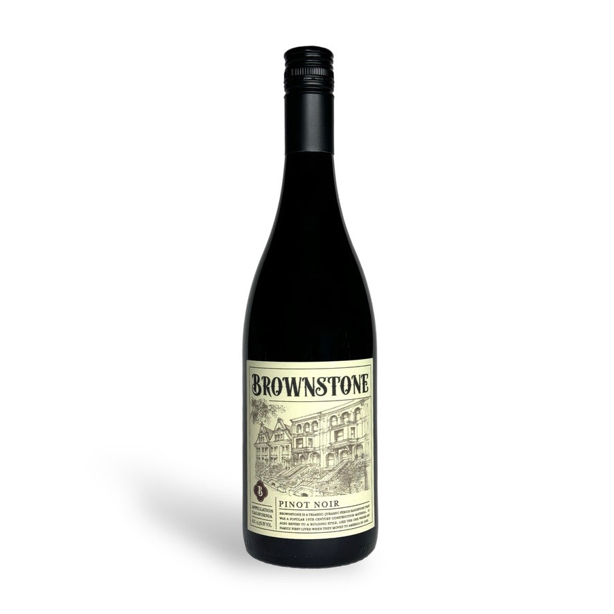 Brownstone Pinot Noir wine bottle from California’s Central Coast — smooth red wine with raspberry and black cherry notes; pairs well with roasted meats, prosciutto, salami, and Gouda cheese