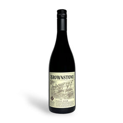 Brownstone Pinot Noir wine bottle from California’s Central Coast — smooth red wine with raspberry and black cherry notes; pairs well with roasted meats, prosciutto, salami, and Gouda cheese