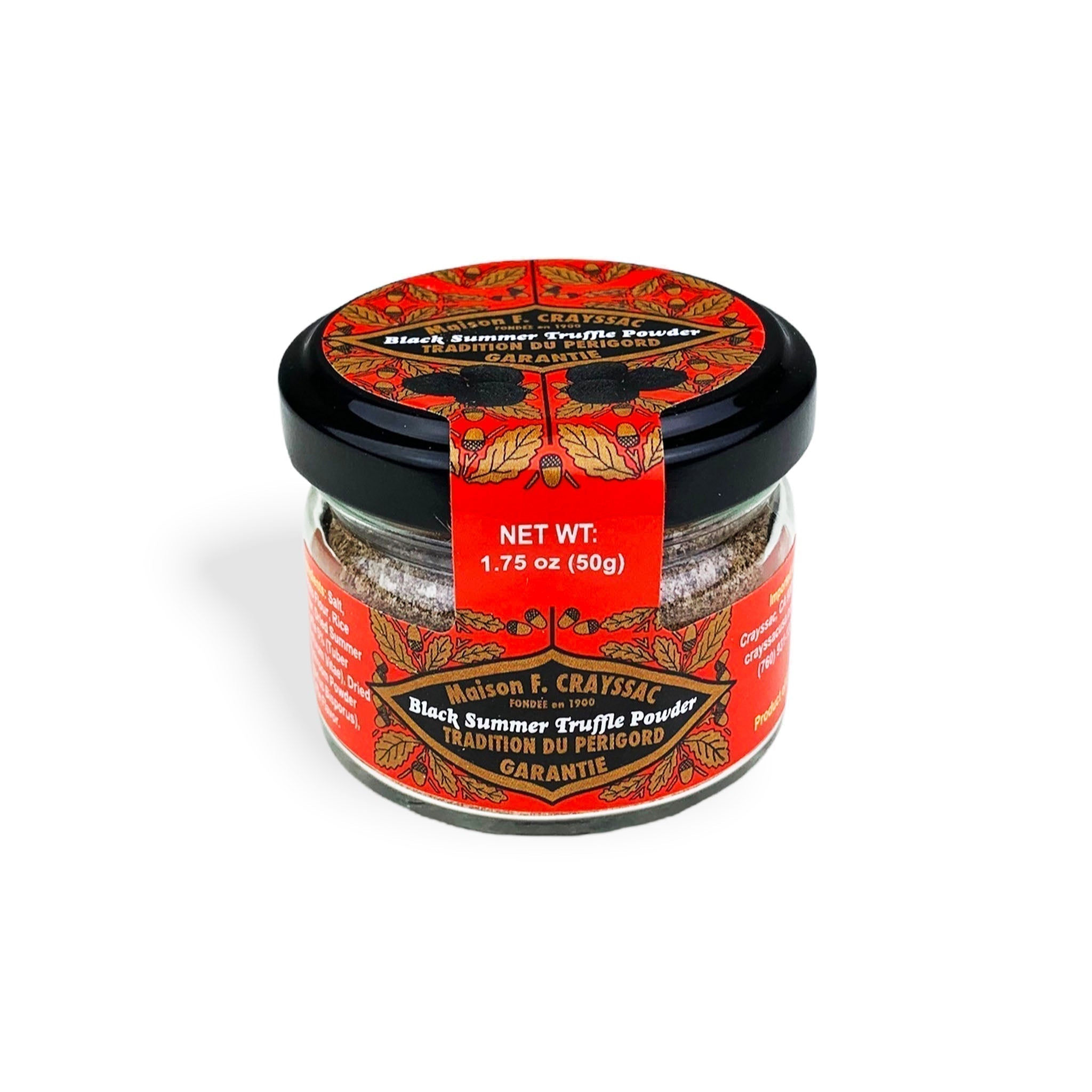 50g jar of Maison F. Crayssac Black Summer Truffle Powder made in France with dried black truffle, sea salt, and mushroom powder — gourmet truffle seasoning for pasta, popcorn, eggs, and more