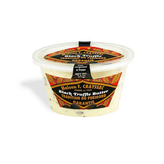 Black Truffle Butter, 2.5oz tub, made from Californian grass-fed cows, blended with 5% black truffle purée, truffle peelings, and sea salt for a rich, luxurious flavor.