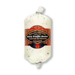 Black Truffle Butter, 8oz tube, made with 5% black truffle purée, truffle peelings, and sea salt, offering a luxurious European-style butter with a rich truffle aroma, made in the USA.
