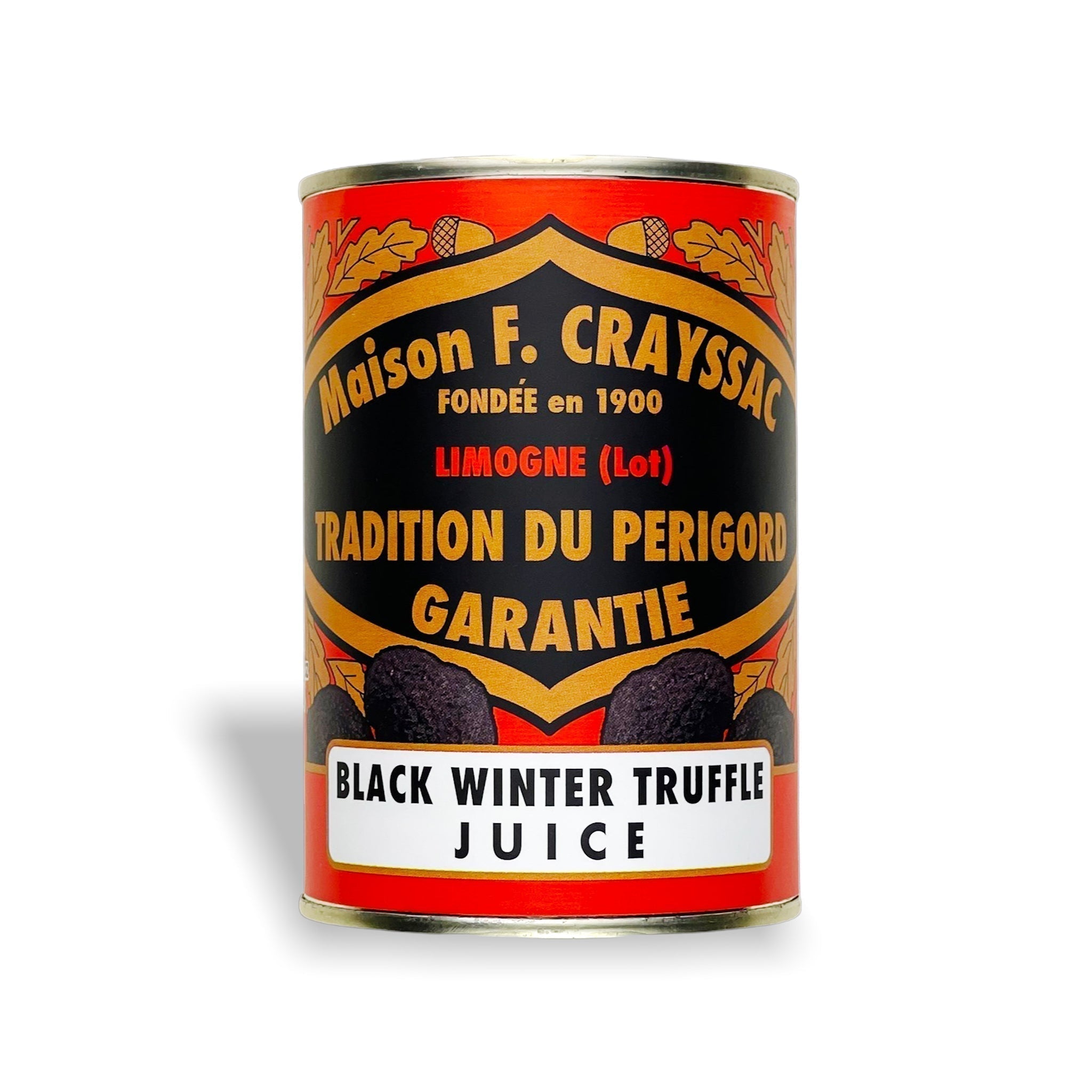 Maison Crayssac Black Truffle Juice, 400ml can, made in France, extracted from Black Winter Truffles using a three-stage process, offering an earthy and luxurious flavor perfect for soups, sauces, and marinades.