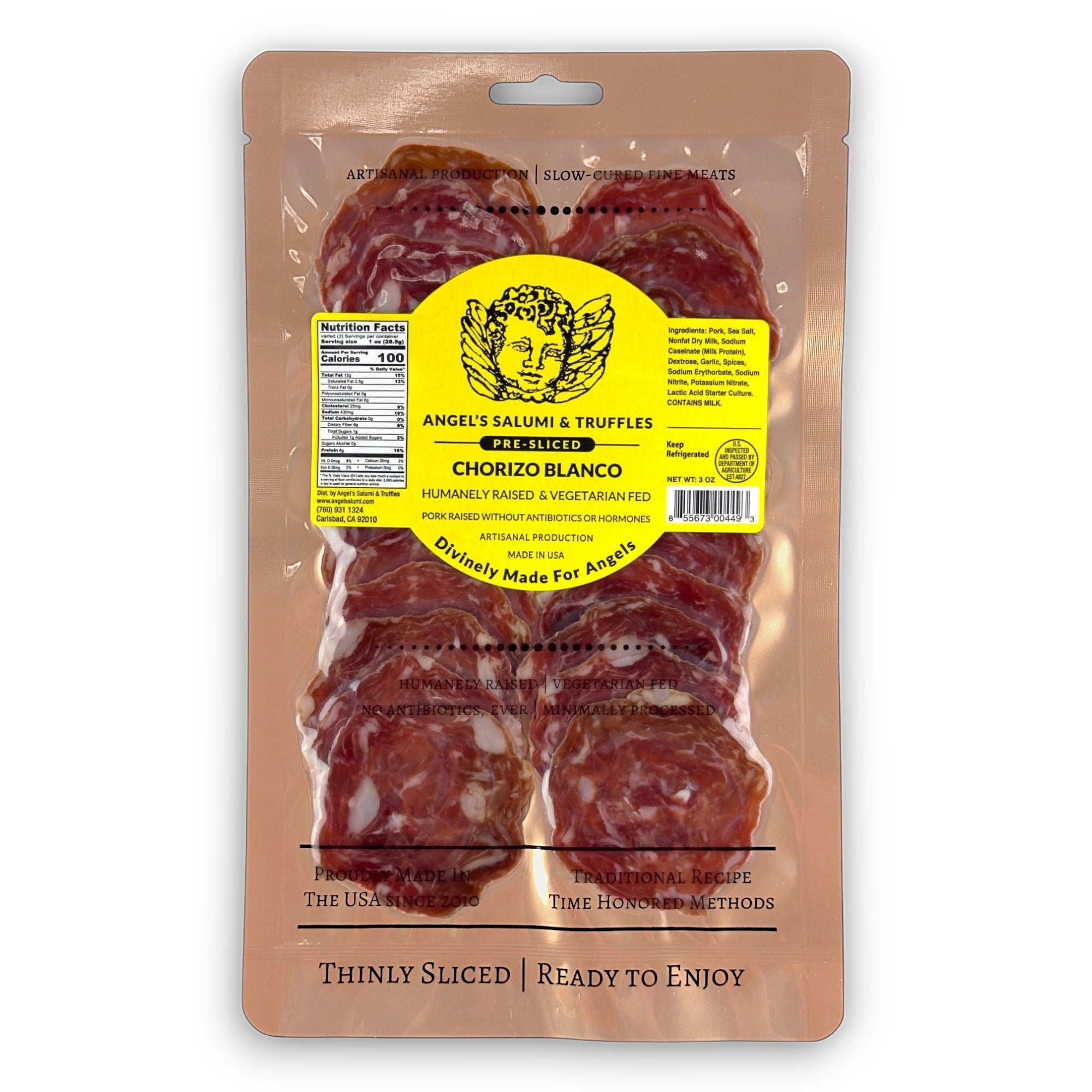 Angel’s Salumi and Truffles – Pre-Sliced Chorizo Blanco Salami, 3oz, with Garlic, Paprika, and Spices