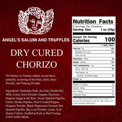 Ingredients and nutritional facts for Spanish-style Chorizo: made with Berkshire Pork, smoked paprika, natural casing, gluten-free, hormone-free, and free from MSG and nitrates.