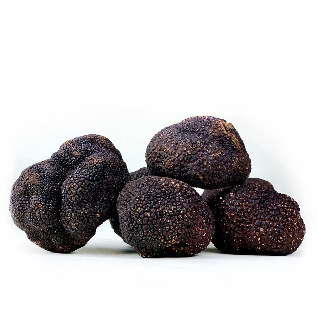 Whole Black Winter Truffle (Perigord), 1oz–1.5oz average, with dark veined flesh and intense earthy-chocolate aroma; sold by weight, freshness maintained with careful storage.
