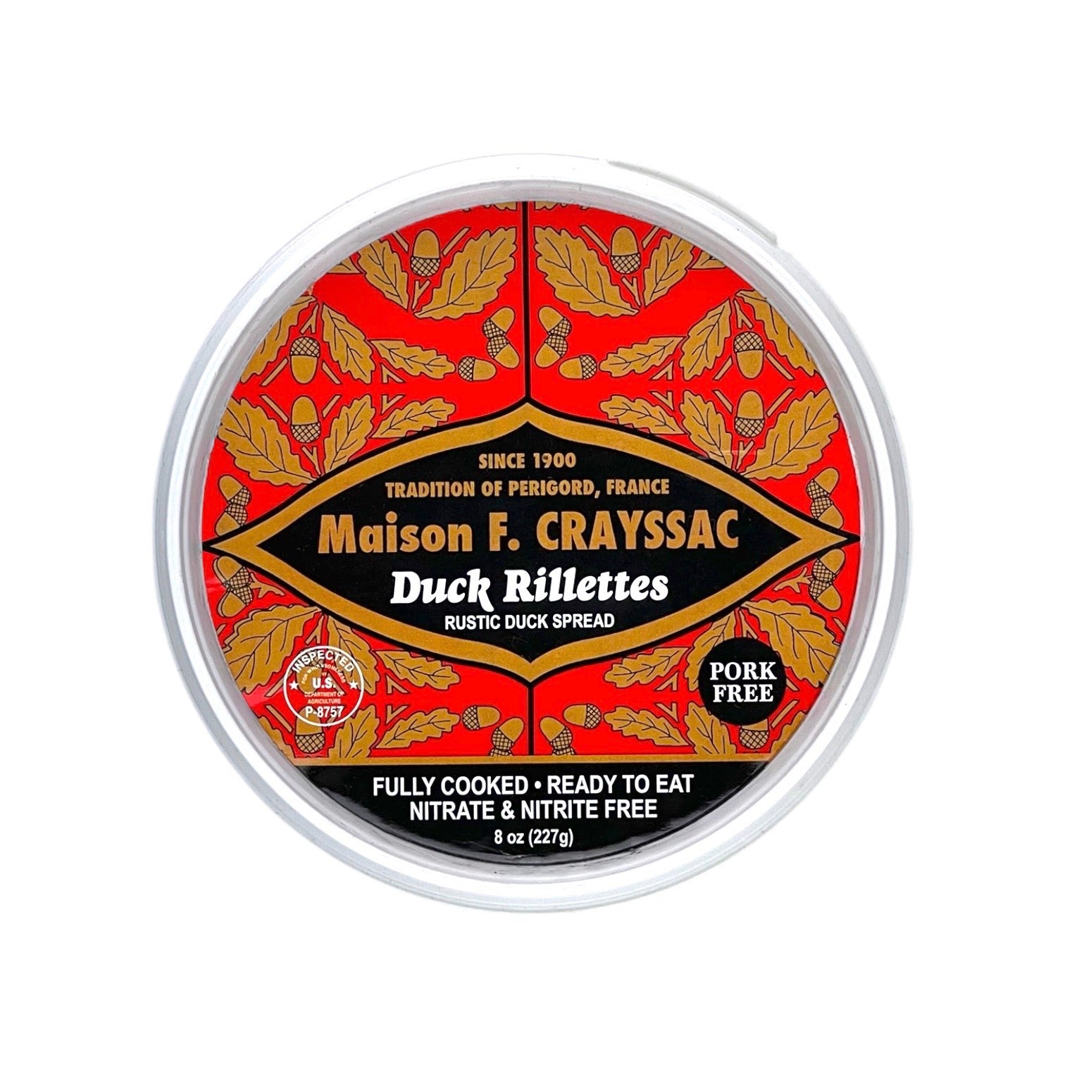 8oz jar of all-natural Duck Rillettes made with cage-free Rohan duck, slow-cooked confit style — gourmet French-style spread for charcuterie boards, toasts, and hors d’œuvres