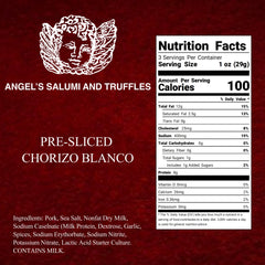 Angel’s Salumi and Truffles – Pre-Sliced Chorizo Blanco Salami, Ingredients and Nutritional Facts, No MSG, No Hormones, Gluten-Free