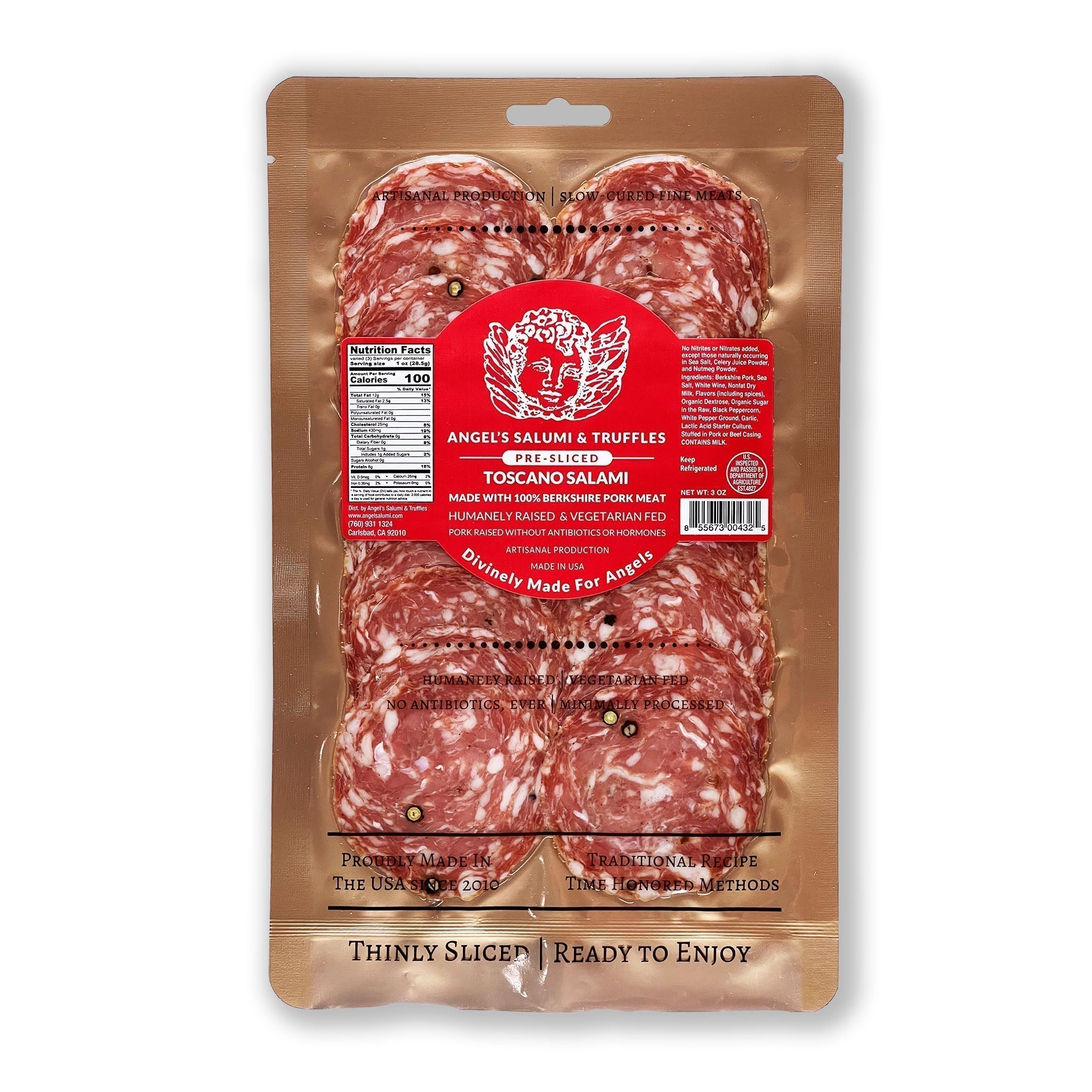 Angel’s Salumi and Truffles – Pre-Sliced Italian Toscano Salami, 3oz, Classic Italian-Style, 100% Berkshire Pork