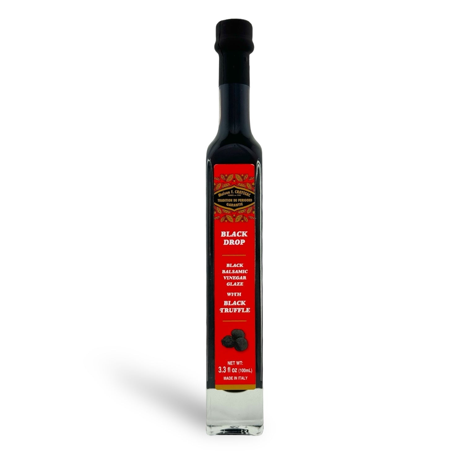 Maison F. Crayssac Black Balsamic Vinegar Glaze with Black Truffle, 3.3oz bottle, made in Italy, featuring a rich infusion of aged balsamic vinegar and earthy black truffle.