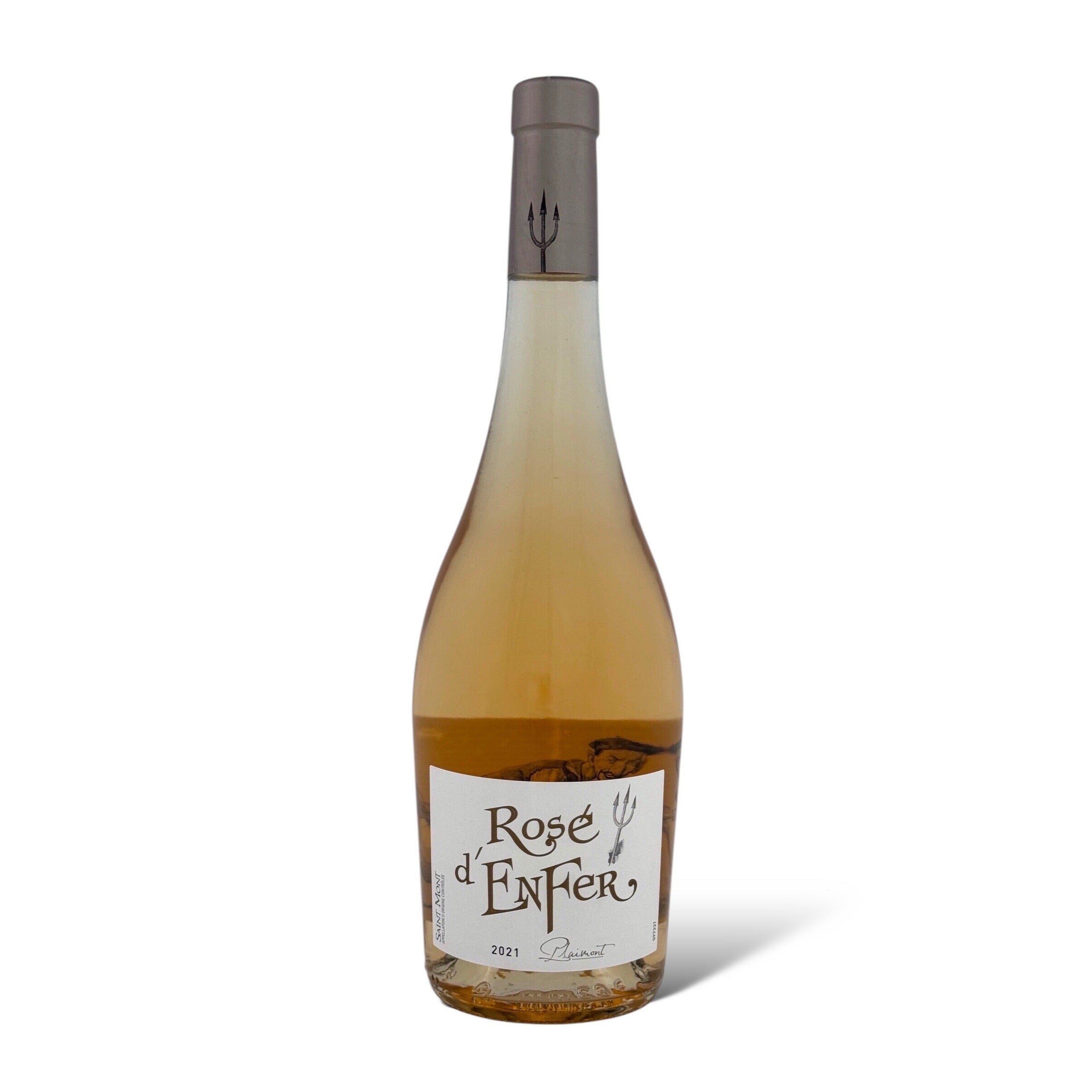 Bottle of Rosé d’Enfer French rosé wine — pale pink hue with bluish reflections, made from Tannat, Cabernet Sauvignon, and Merlot; elegant, fruity, and refreshing with notes of red berries, peach, and citrus