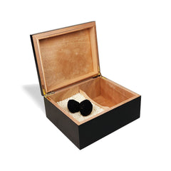 Red Cedar Wooden Box with Black Lacquer Finish and Gold Crayssac Logo, designed as a humidor for keeping fresh truffles at the right moisture content (Arborio rice and truffles not included).