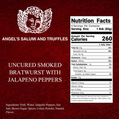Angel’s Salumi and Truffles – Jalapeño Smoked Bratwurst Ingredients and Nutrition Facts, No MSG, Nitrates, or Nitrites