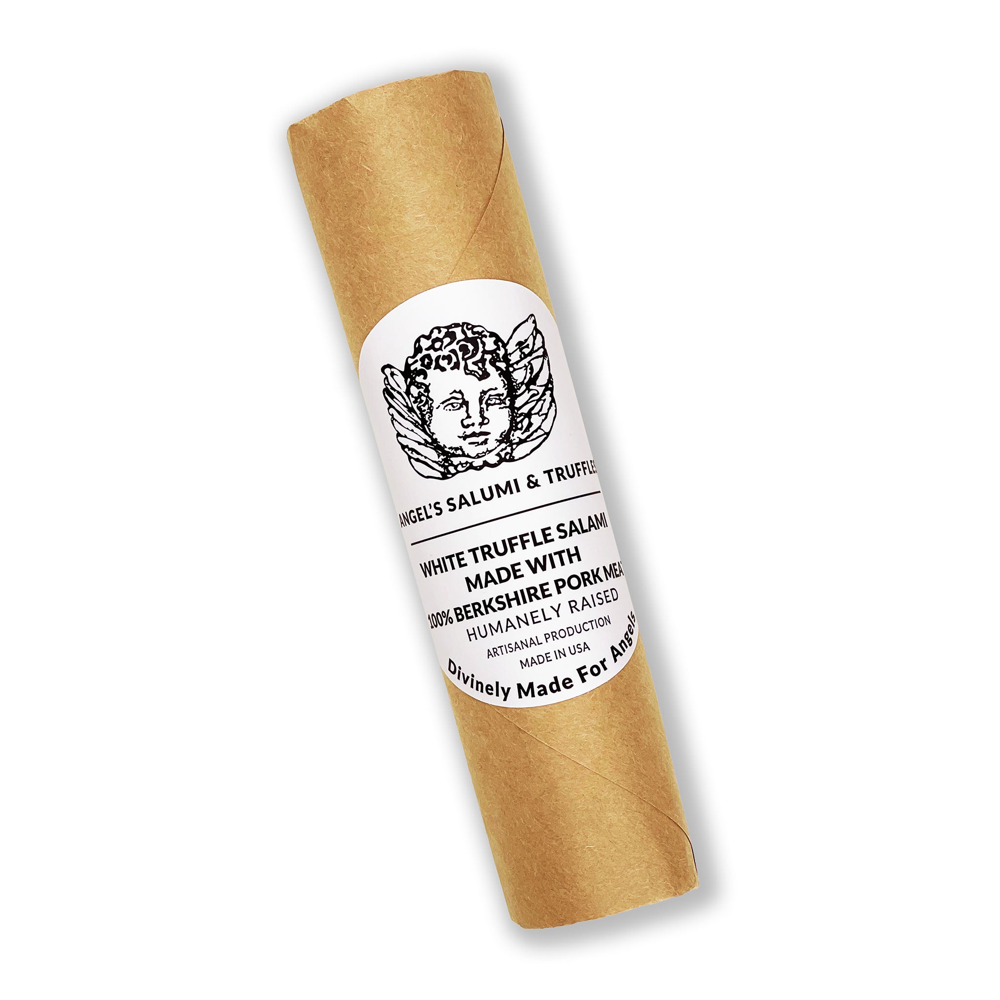 White Truffle Salami made with 100% Berkshire Pork, aged for three months, flavored with 5% white truffle, grappa, and white peppercorn, gluten-free, hormone-free, nitrate-free.