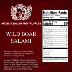 Ingredients and nutritional facts for Wild Boar Salami: made with 100% Texas wild boar, herbs, and wine, natural casing, gluten-free, hormone-free, and free from MSG and nitrates.