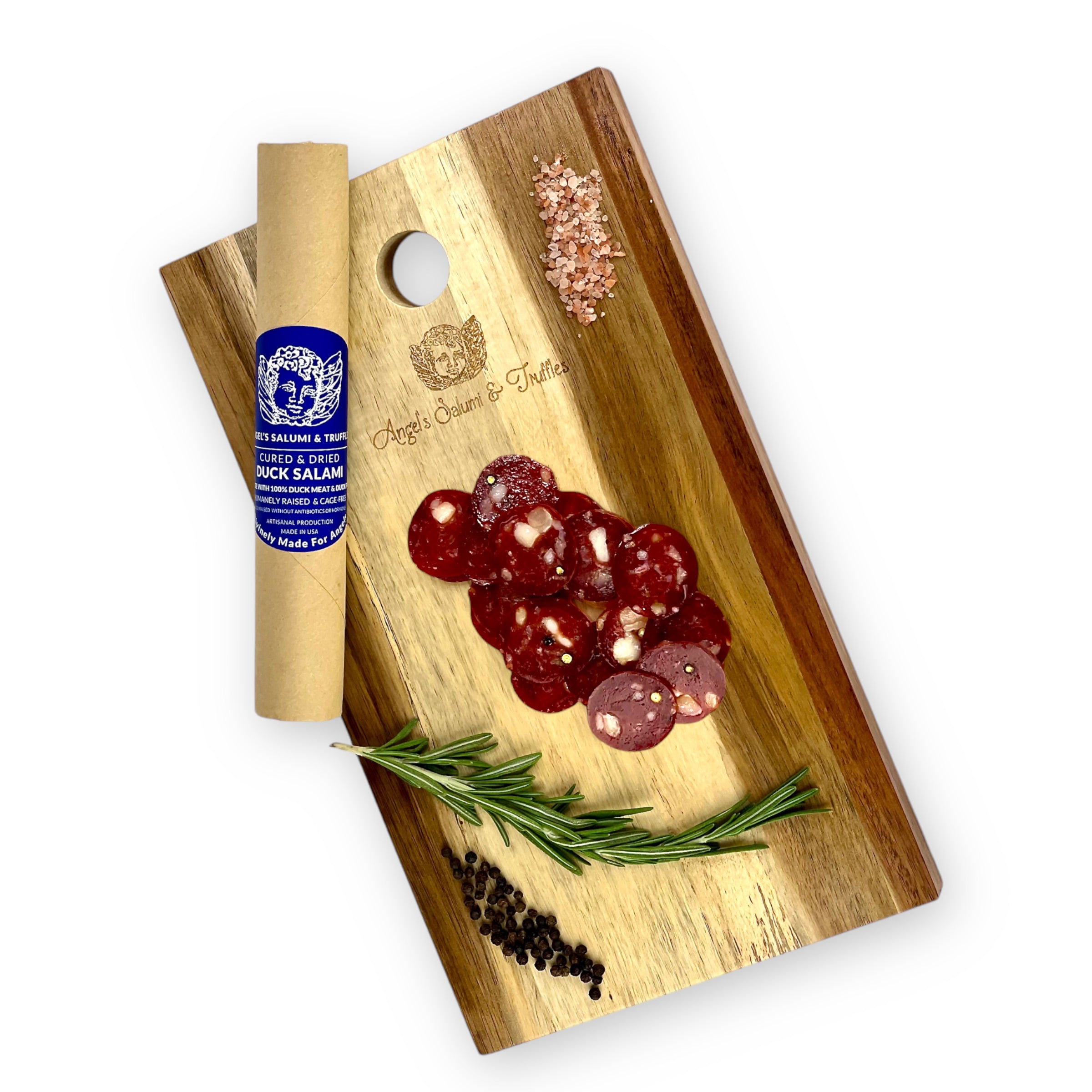 Angel’s Salumi and Truffles – Sliced Duck Salami on Charcuterie Board, Red Wine and Black Peppercorn Gourmet Salumi