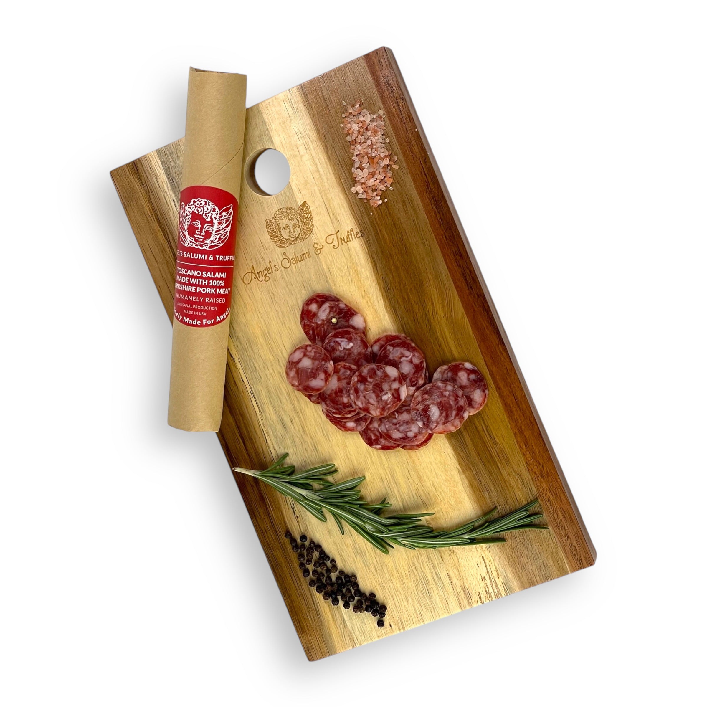 Angel’s Salumi and Truffles – Sliced Toscano Salami with Black Peppercorn, Garlic, and White Wine on Charcuterie Board