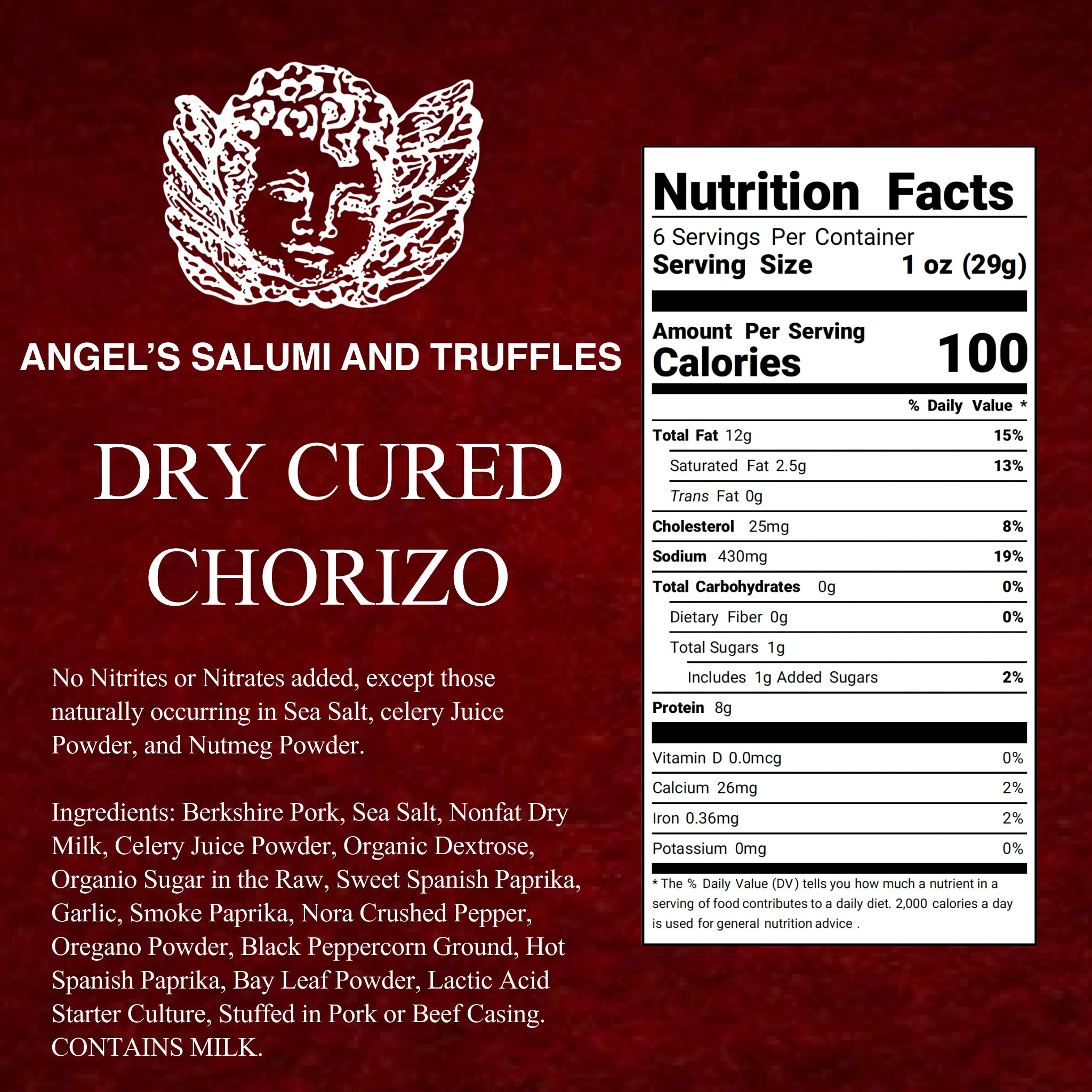 Ingredients and nutritional facts for Spanish-style Chorizo: made with Berkshire Pork, smoked paprika, natural casing, gluten-free, hormone-free, and free from MSG and nitrates.