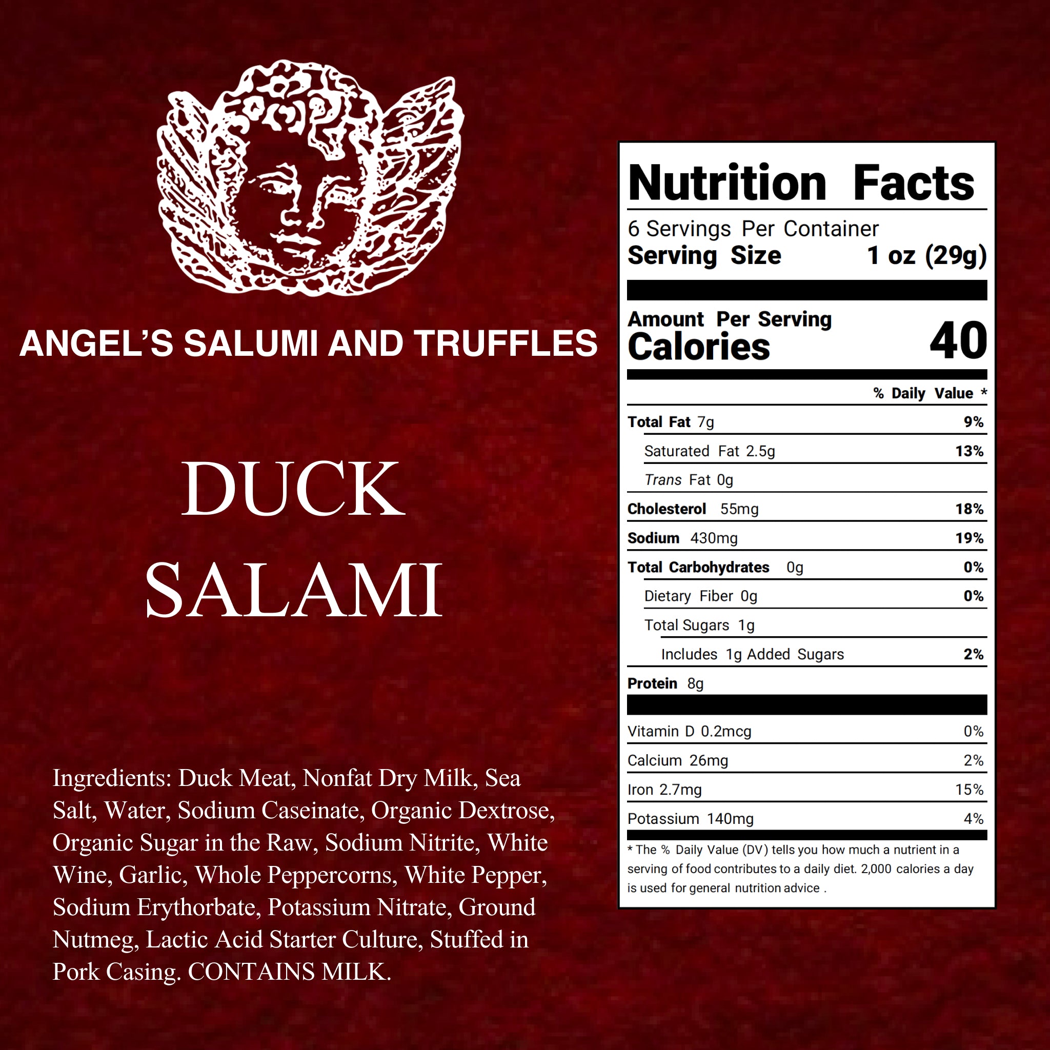 Angel’s Salumi and Truffles – Duck Salami Ingredients and Nutrition Facts, Cage-Free, Gluten-Free, Hormone-Free