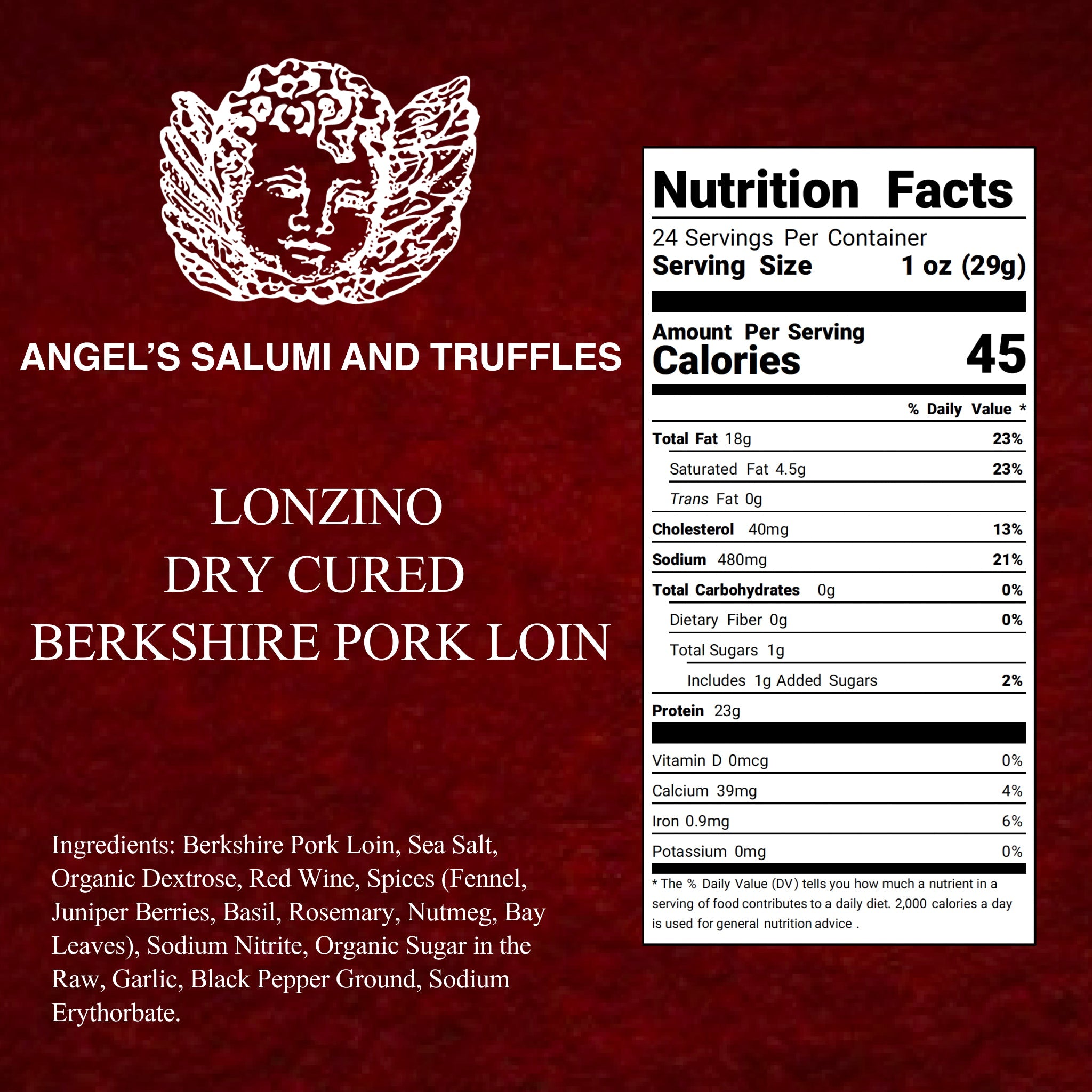 Angel’s Salumi and Truffles – Italian Lonzino Ingredients and Nutritional Facts, No MSG, No Hormones, Gluten-Free