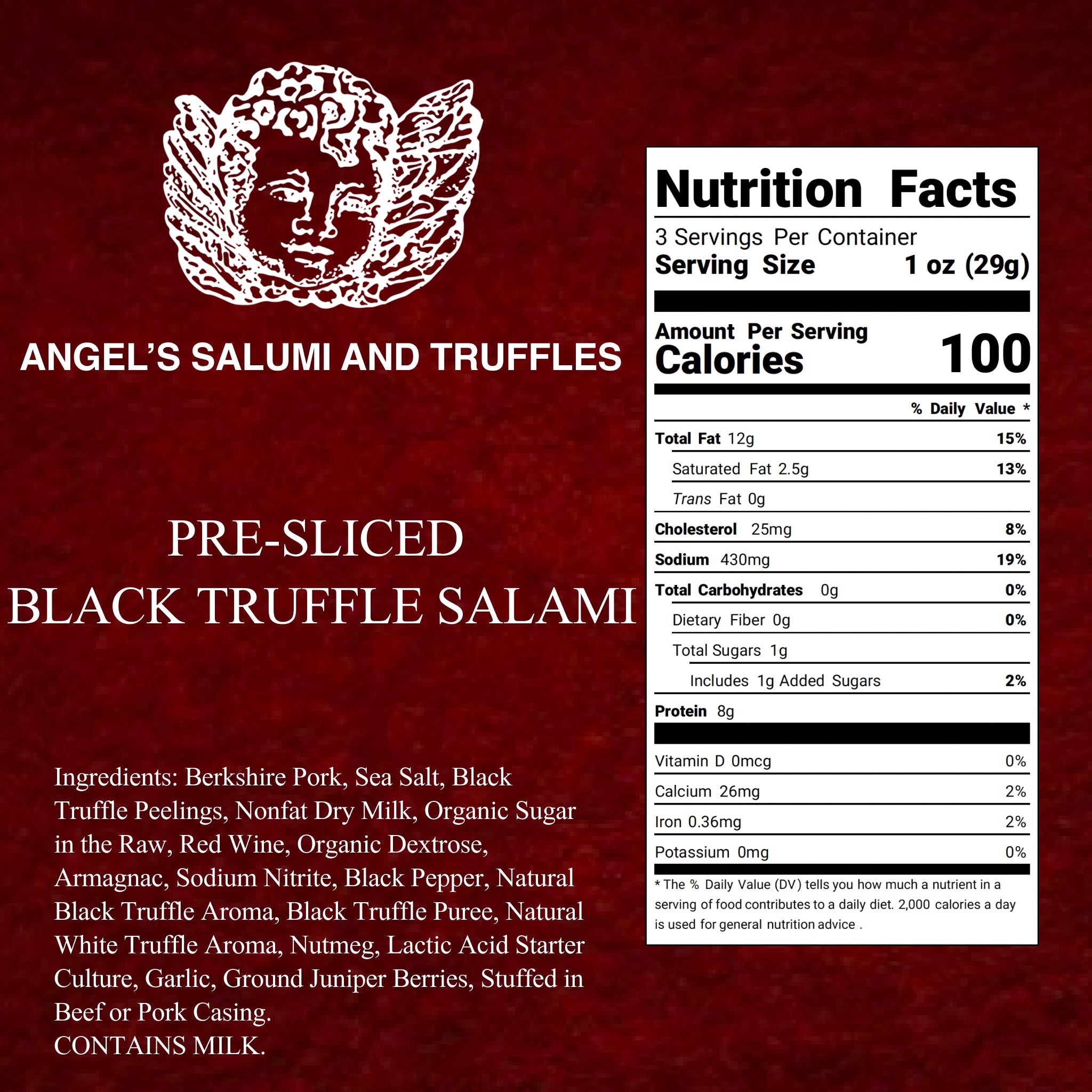 Angel’s Salumi and Truffles – Pre-Sliced Black Truffle Salami, Ingredients and Nutritional Facts, No MSG, No Hormones, Gluten-Free