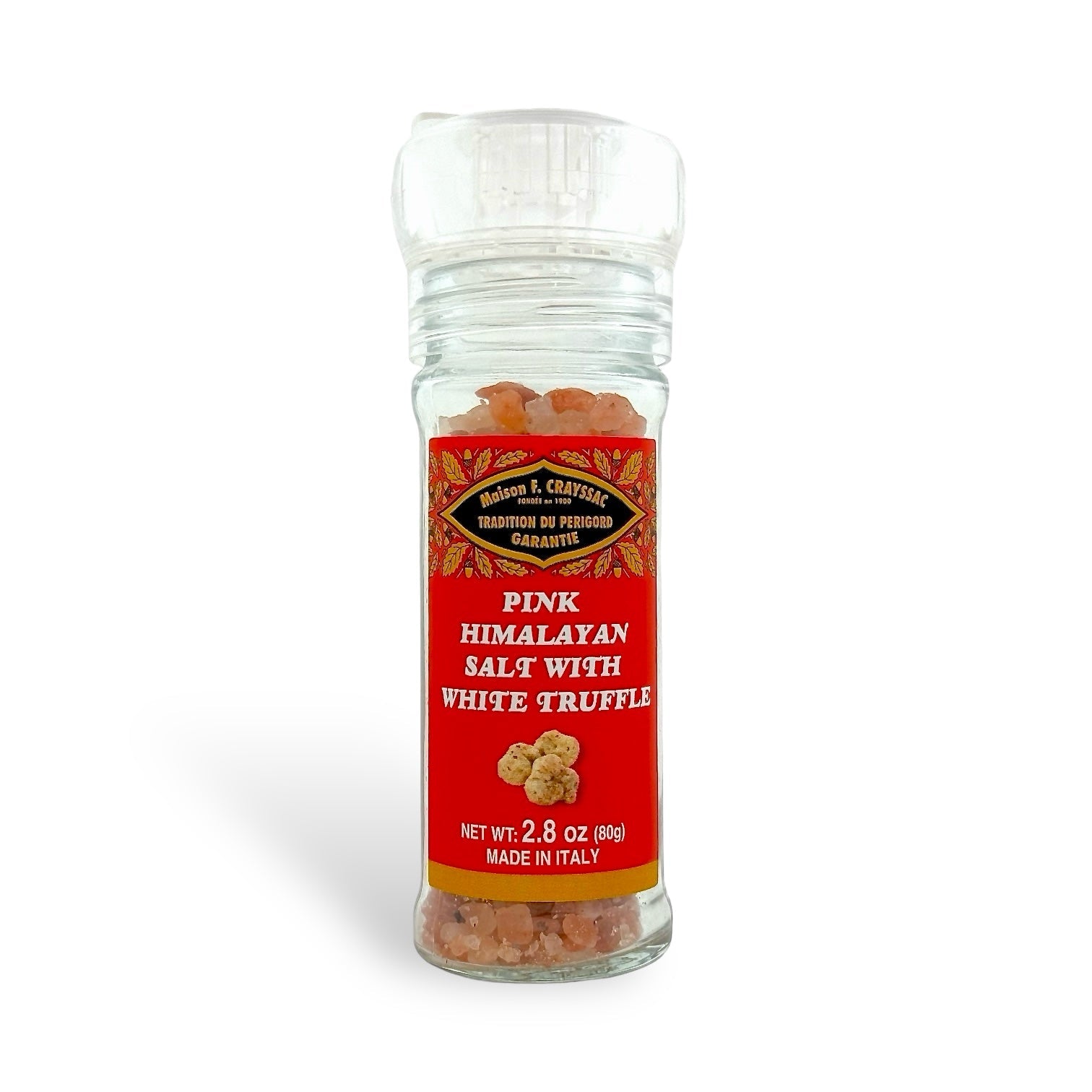 Maison F. Crayssac Pink Himalayan Salt with White Truffle in a 2.8 oz glass jar, showcasing fine pink crystals and gourmet elegance.