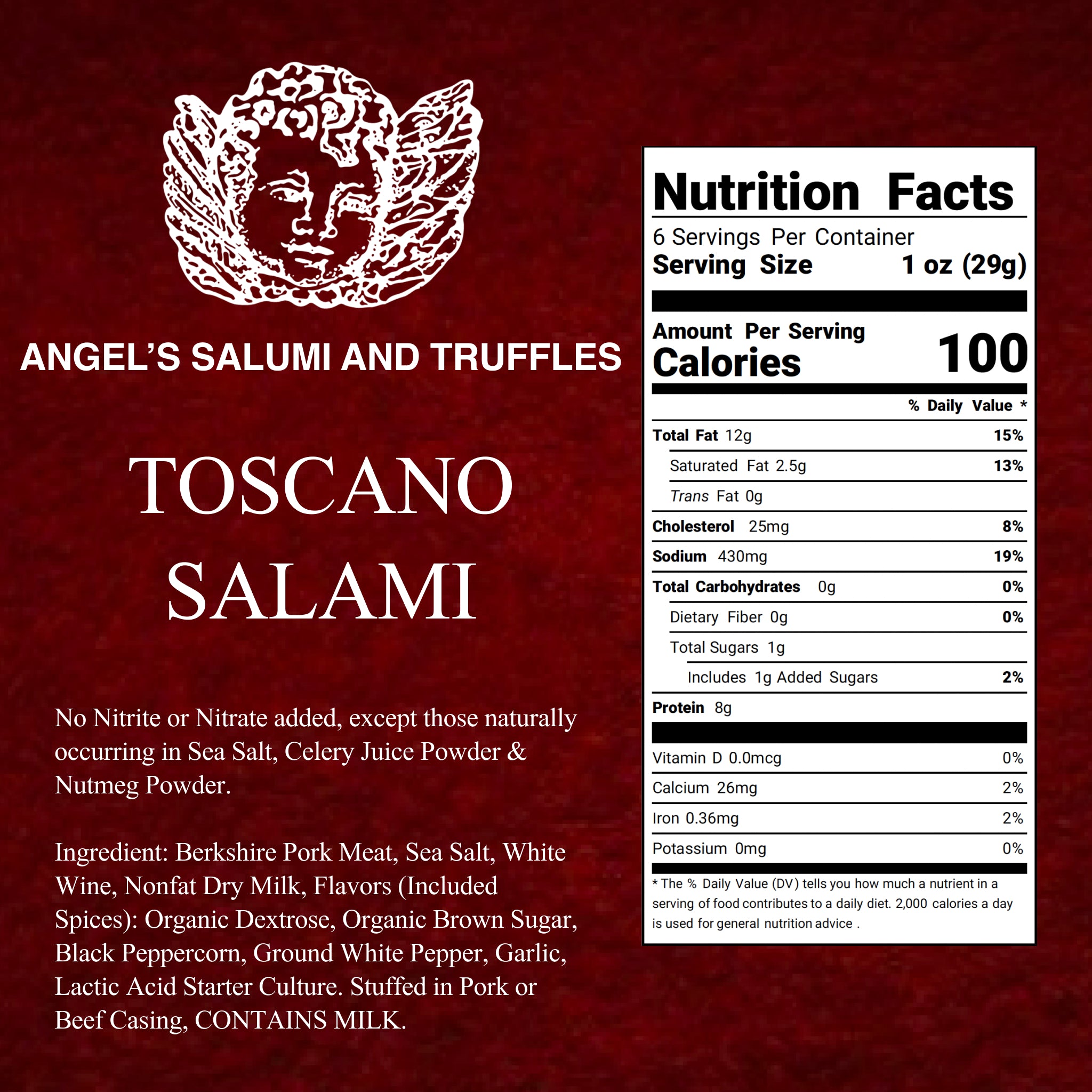 Angel’s Salumi and Truffles – Toscano Salami Ingredients and Nutrition Facts, Hormone-Free, Gluten-Free, No Nitrates
